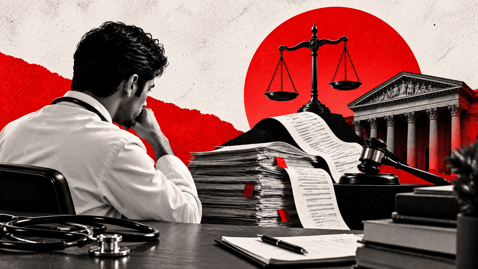 Doctor facing legal documents, scales of justice and a court setting representing a professional indemnity insurance claim.