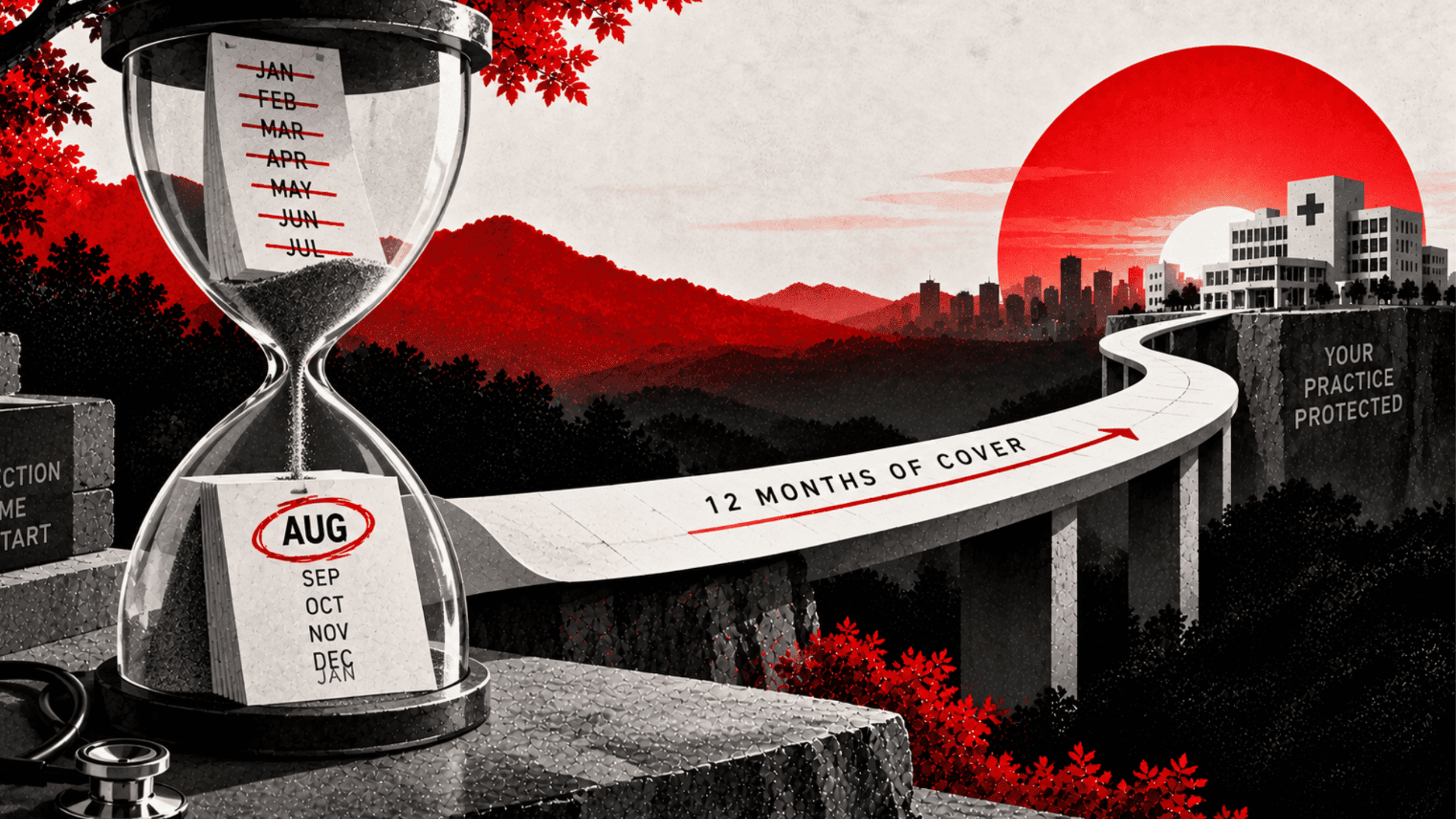 Red, black and white editorial collage with an hourglass, August calendar and a 12-month pathway leading toward a protected hospital.
