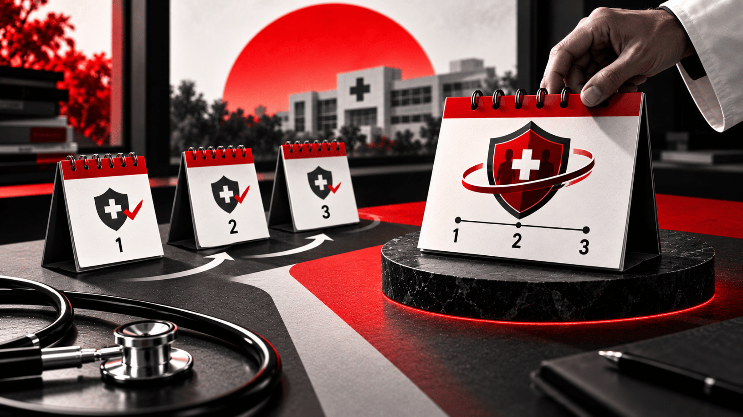 Red, black and white editorial image showing consecutive insurance calendar periods progressing into continuous medical professional protection.