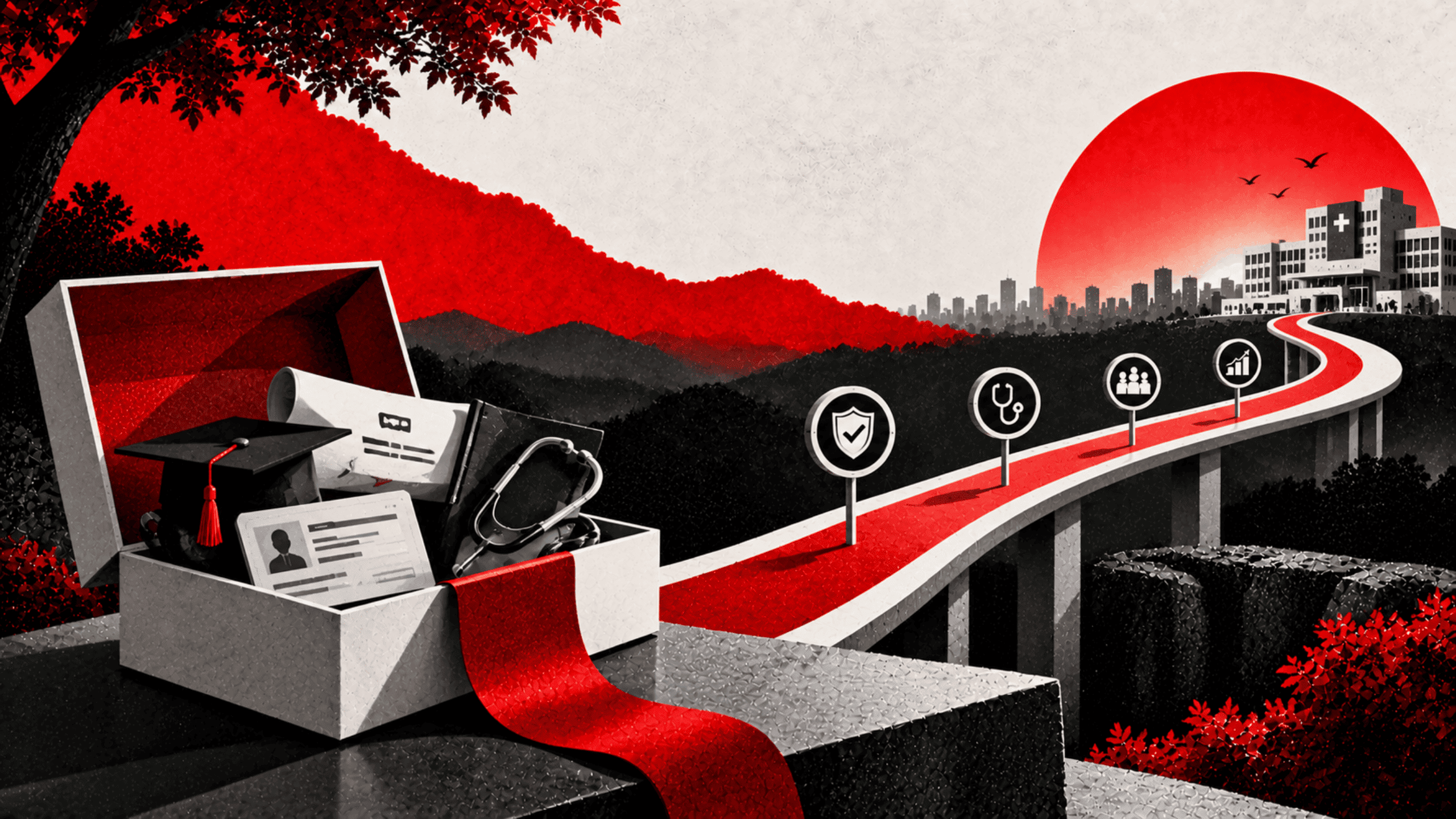 -Editorial red, black and white collage showing medical qualifications leading along a protected career pathway toward a hospital.