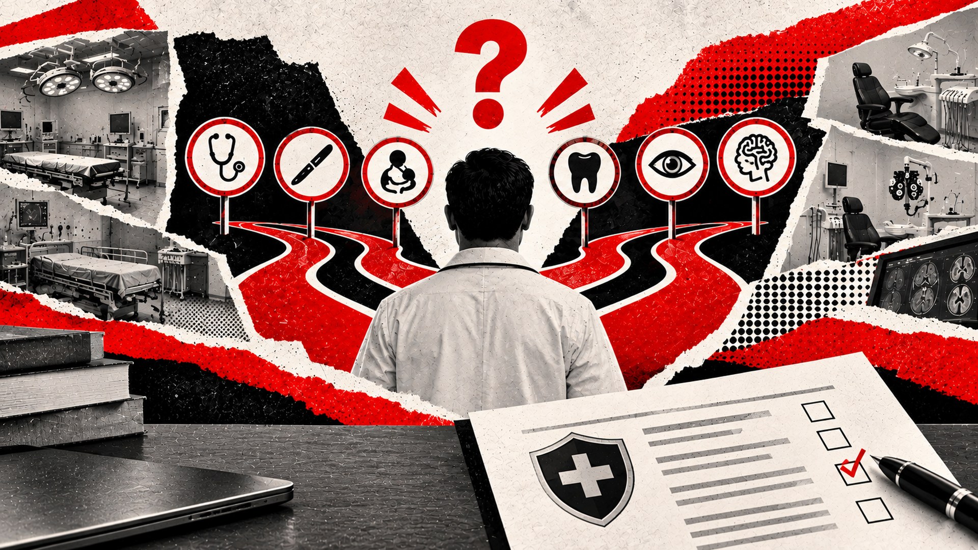 Doctor evaluating different medical specialties alongside a professional indemnity insurance checklist.
