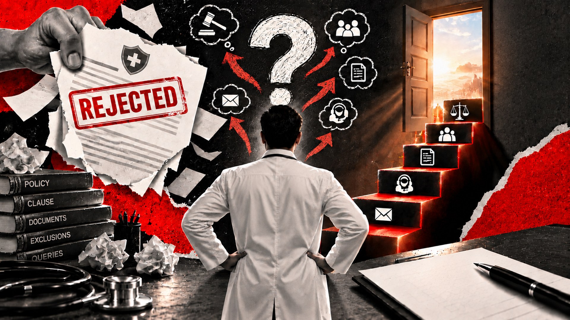 Doctor reviewing a rejected medical indemnity insurance claim alongside policy documents, exclusions and legal considerations.