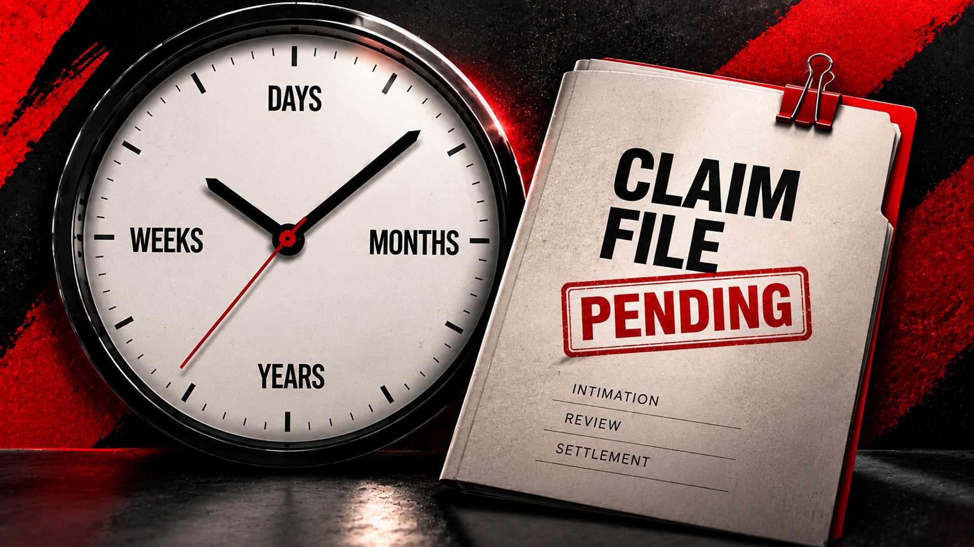 Clock beside a pending medical indemnity insurance claim file, illustrating delays in claim review and settlement.
