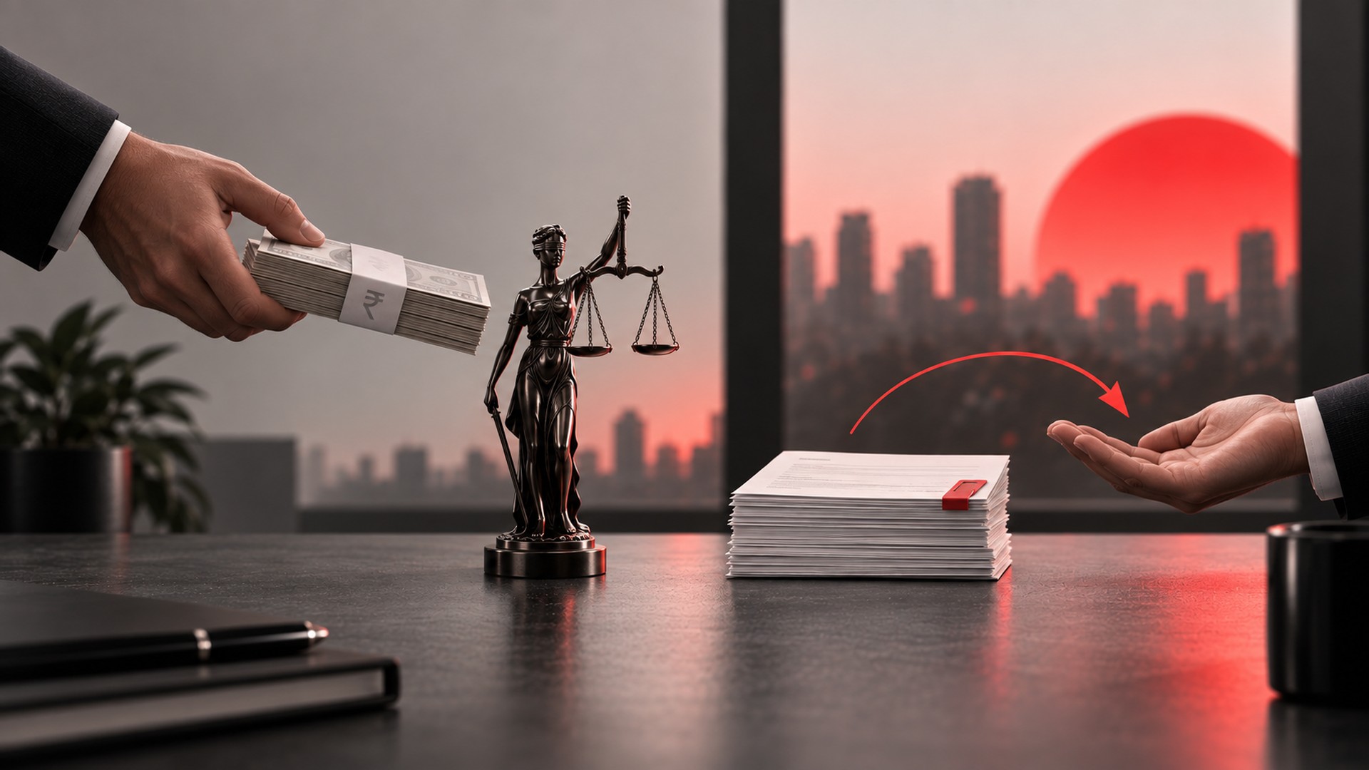 A legal settlement concept showing money being exchanged, a Lady Justice statue, and a stack of legal documents against a city skyline at sunset.