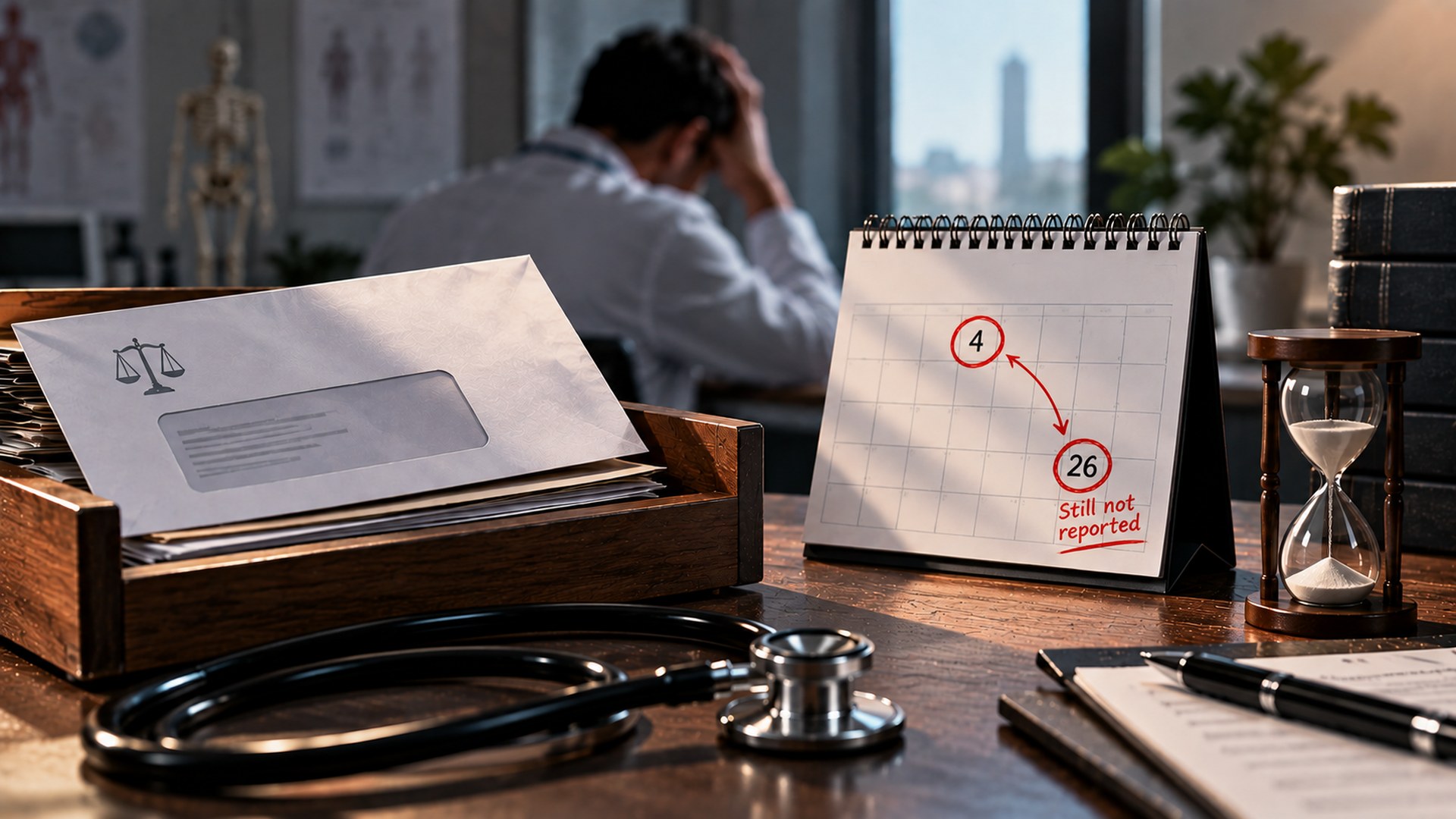 Stressed doctor holding his head behind a desk with a legal envelope, stethoscope, hourglass, and a calendar marking dates 4 to 26 labeled “Still not reported”