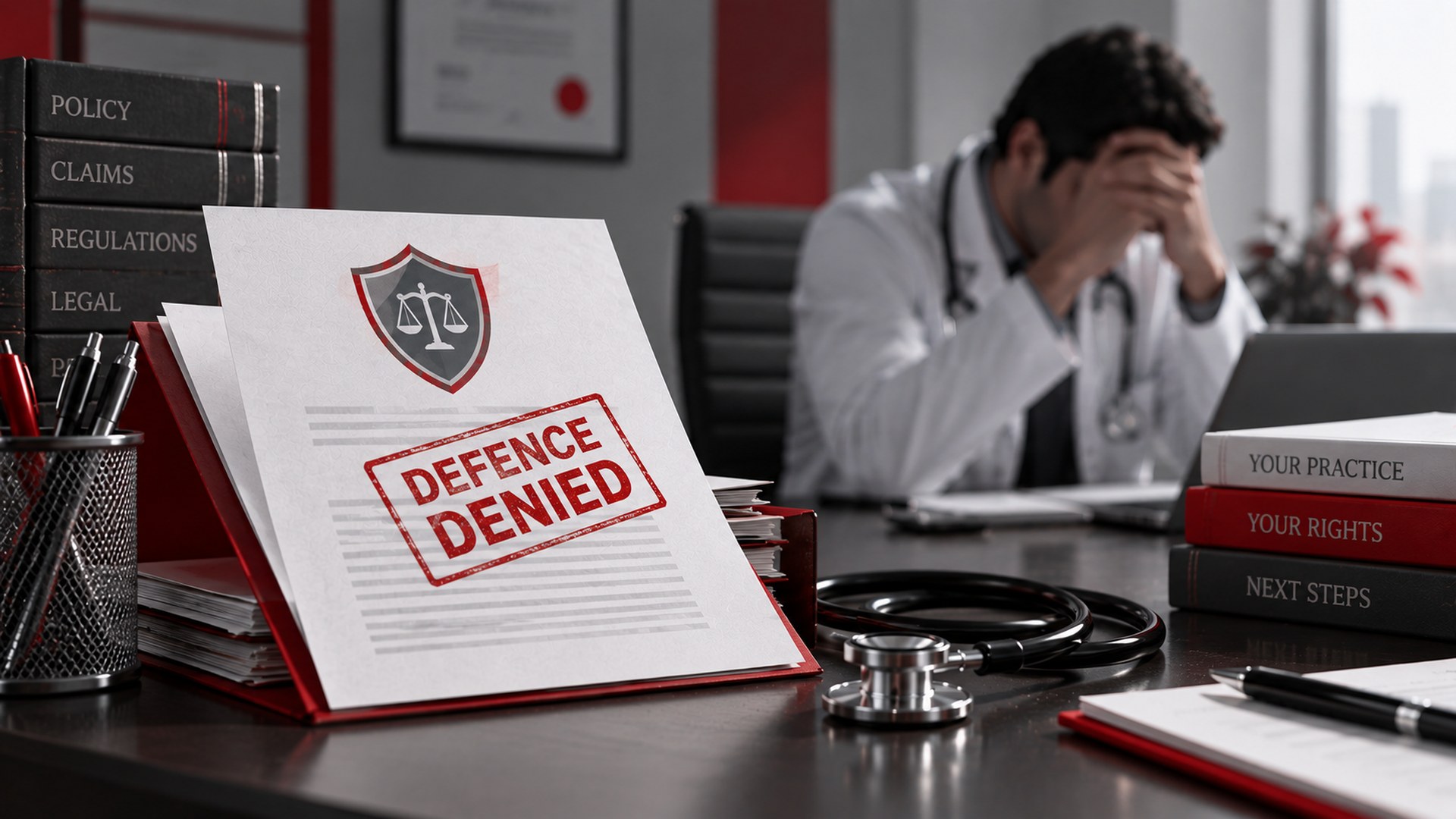 Medical professional sitting at a desk with a legal document stamped “Defence Denied,” representing professional indemnity claim challenges