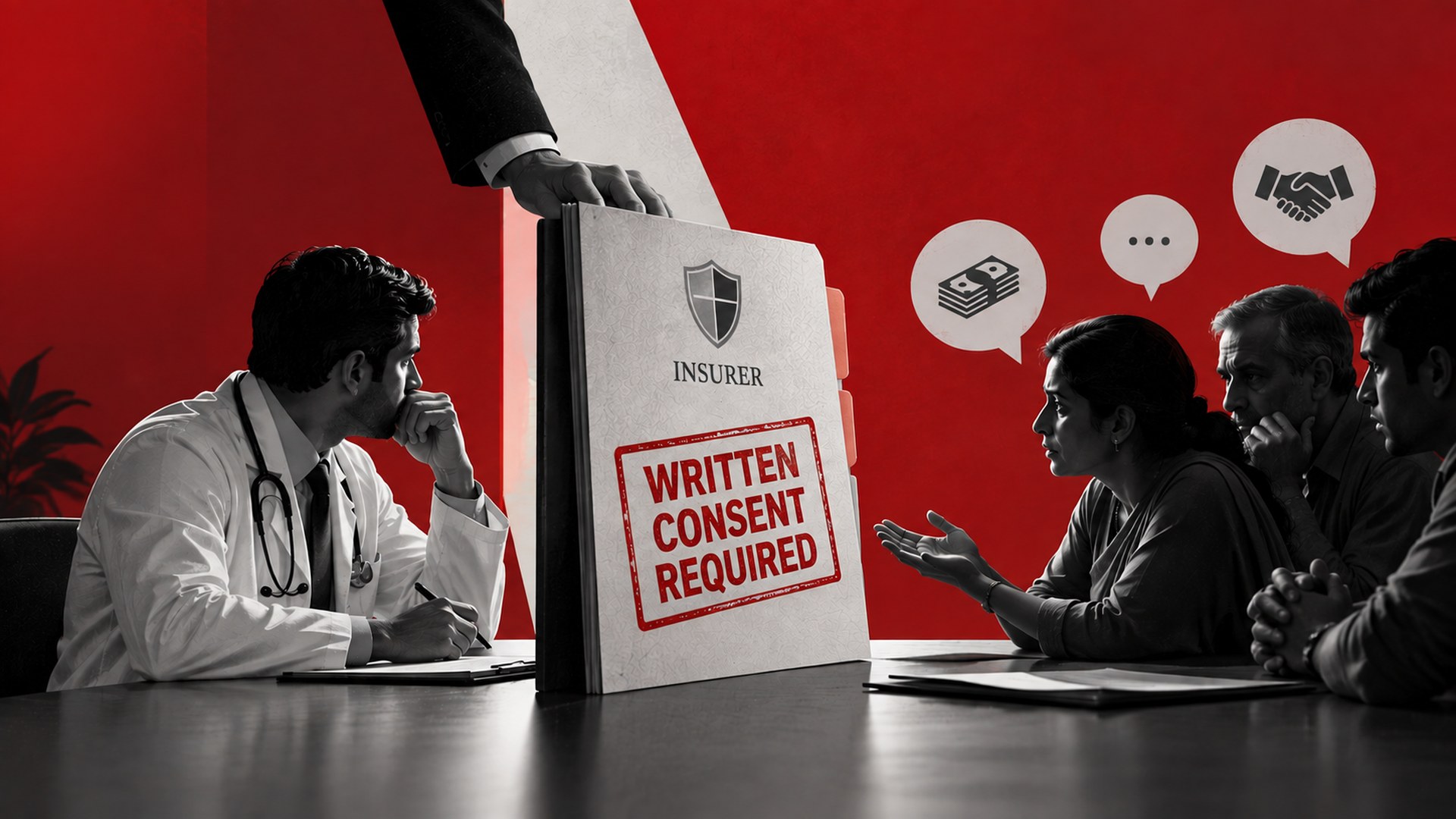 Doctor discussing written consent requirements with patients in a medical-legal setting, highlighting informed consent and professional indemnity risks.