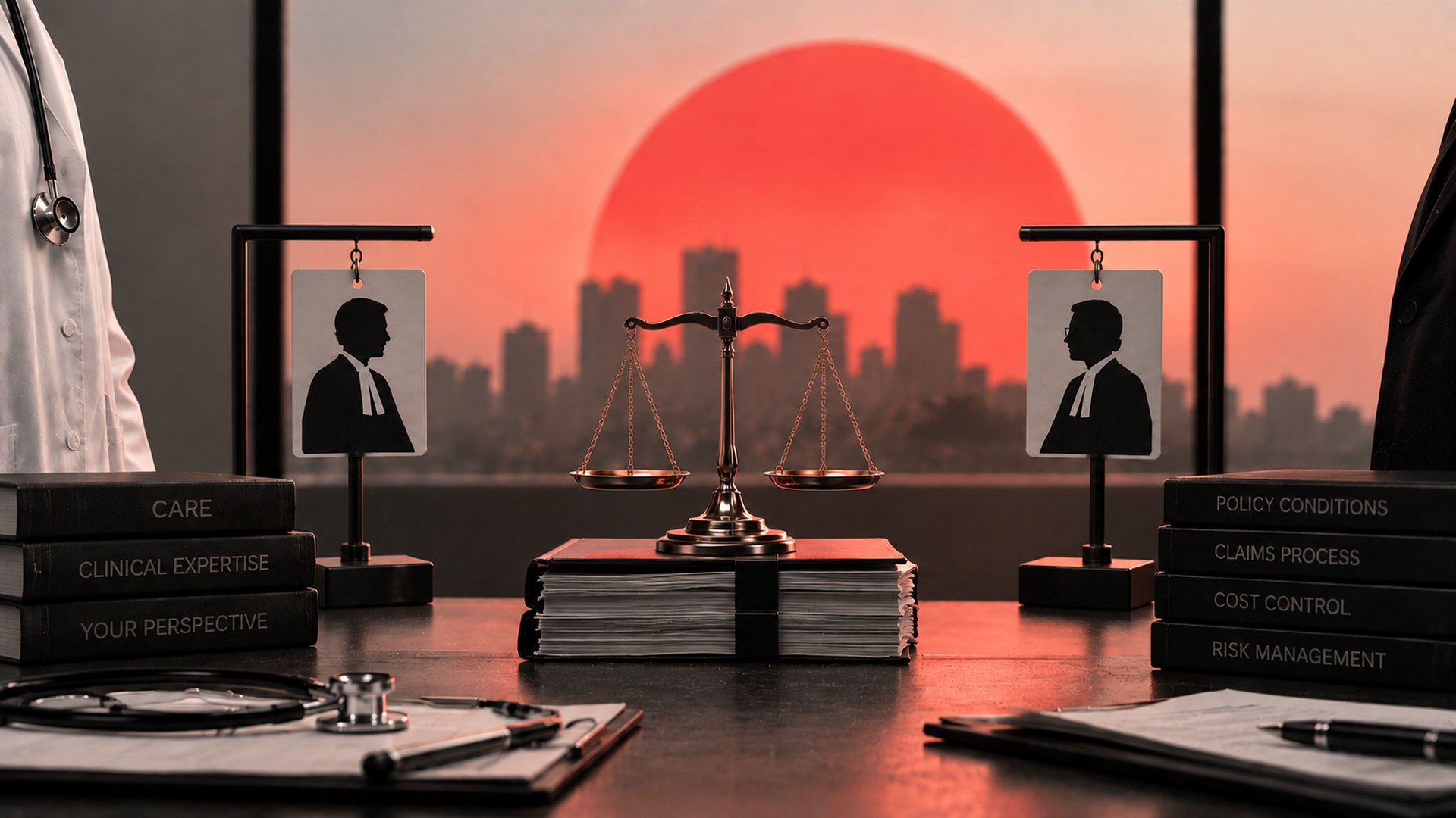 Medical professional indemnity concept featuring a balance scale, medical and legal professionals, clinical expertise, policy conditions, claims process, and risk management.